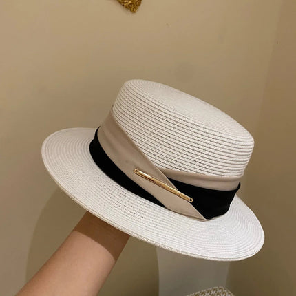 Chapeau de plage en paille large ruban - Blanc/noir - M (56 - 58cm) | La boutique du chapeau