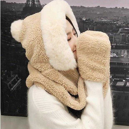 Chapeau double couche en peluche et son écharpe gant - Crème - Adulte | La boutique du chapeau