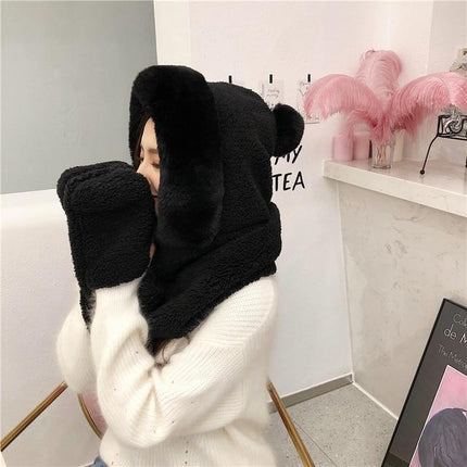 Chapeau double couche en peluche et son écharpe gant - Noir - Adulte | La boutique du chapeau