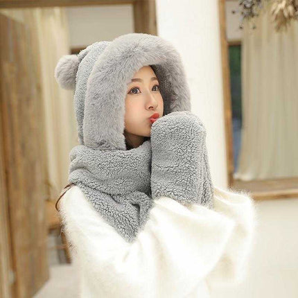 Chapeau double couche en peluche et son écharpe gant - Gris - Adulte | La boutique du chapeau