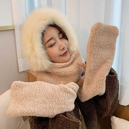 Chapeau double couche en peluche et son écharpe gant - B - Adulte | La boutique du chapeau