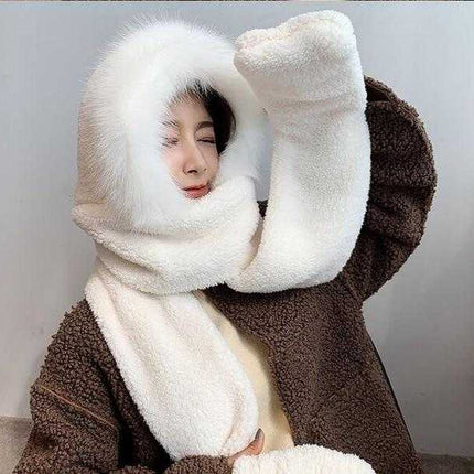 Chapeau double couche en peluche et son écharpe gant - Blanc - Adulte | La boutique du chapeau