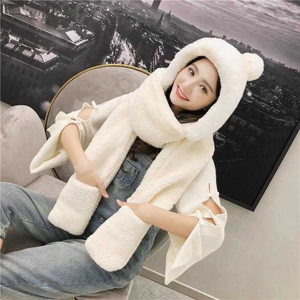Chapeau double couche en peluche et son écharpe gant - Beige - Adulte | La boutique du chapeau