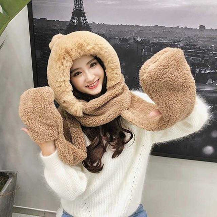 Chapeau double couche en peluche et son écharpe gant - Marron - Adulte | La boutique du chapeau