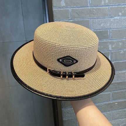Chapeau en paille avec ceinture cuir - Blanc - M (56 - 58cm) | La boutique du chapeau