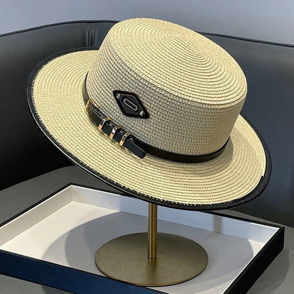 Chapeau en paille avec ceinture cuir - Beige - M (56 - 58cm) | La boutique du chapeau