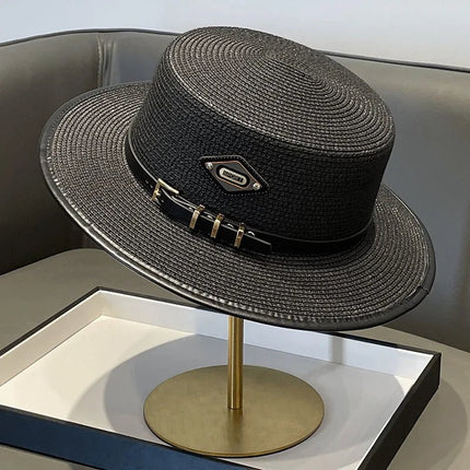 Chapeau en paille avec ceinture cuir - Noir - M (56 - 58cm) | La boutique du chapeau
