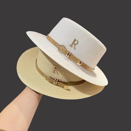Chapeau en paille avec ceinture cuir - Blanc - M (56 - 58cm) | La boutique du chapeau