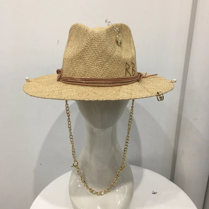 Chapeau en raphia pour femme avec chaîne - Beige - M (56 - 58cm) | La boutique du chapeau