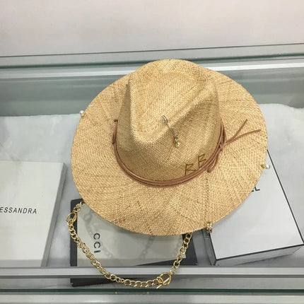 Chapeau en raphia pour femme avec chaîne - Beige - M (56 - 58cm) | La boutique du chapeau