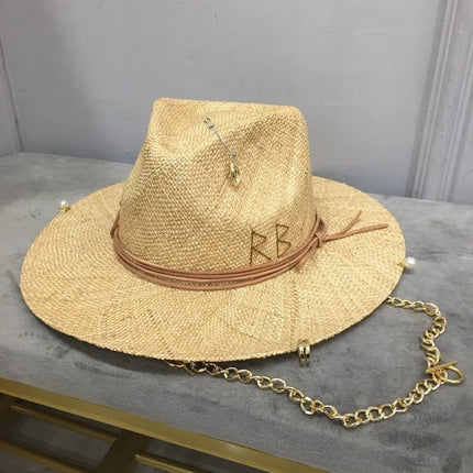 Chapeau en raphia pour femme avec chaîne - Beige - M (56 - 58cm) | La boutique du chapeau