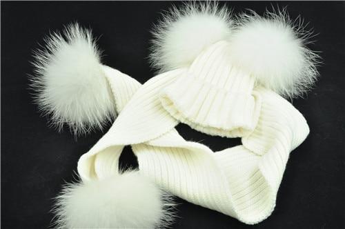 Chapeau-femme bonnet Blanc Bonnet et Écharpe Double Pom Pom de fourrure, Bonnets Enfants d'hiver