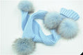 Chapeau-femme bonnet Bleu Bonnet et Écharpe Double Pom Pom de fourrure, Bonnets Enfants d'hiver