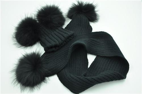 Chapeau-femme bonnet Noir Bonnet et Écharpe Double Pom Pom de fourrure, Bonnets Enfants d'hiver