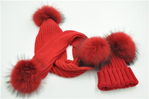 Chapeau-femme bonnet Rouge Bonnet et Écharpe Double Pom Pom de fourrure, Bonnets Enfants d'hiver