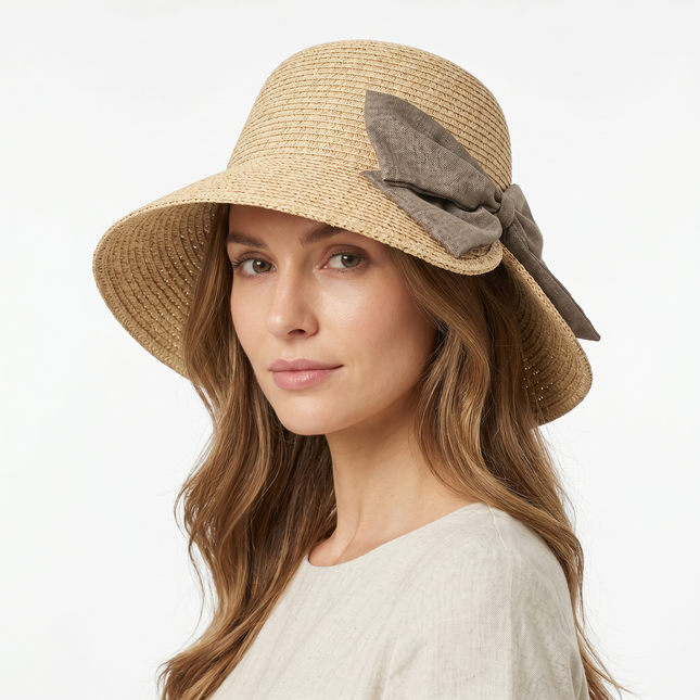 Chapeau femme paille tissé main grand nœud taille M