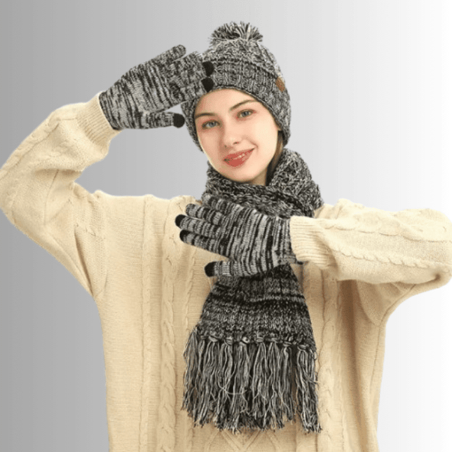 Echarpe, bonnet et gants en laine - Gris - Ajustable (du 54 au 59) | La boutique du chapeau