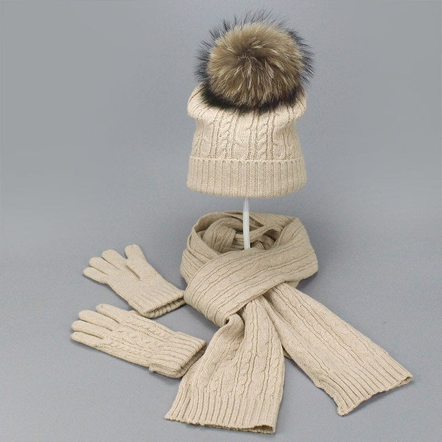 Ensemble 3 pièces avec pompon fourrure - Beige - Adulte | La boutique du chapeau