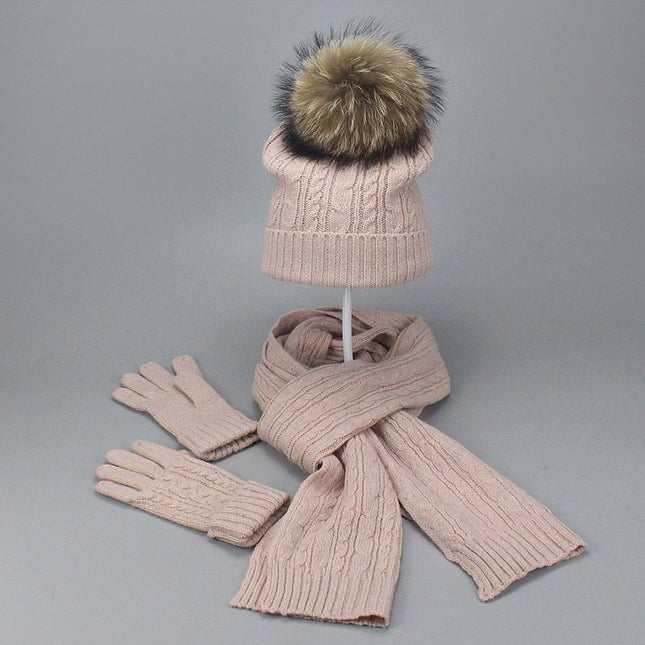 Ensemble 3 pièces avec pompon fourrure - Rose - Adulte | La boutique du chapeau