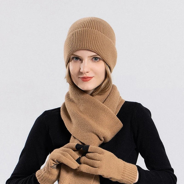 Ensemble bonnet écharpe et gants en acrylique - Kaki - Ajustable (du 54 au 59) | La boutique du chapeau