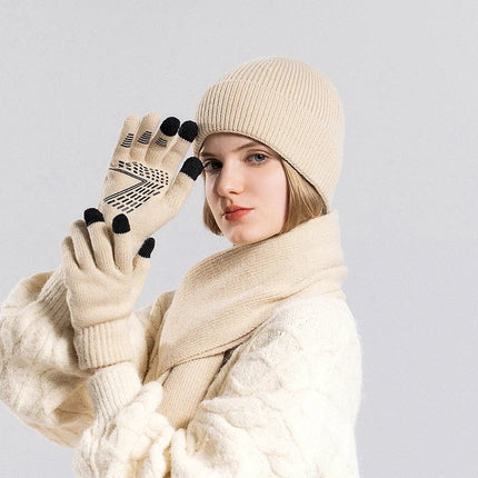 Ensemble bonnet écharpe et gants en acrylique - Beige - Ajustable (du 54 au 59) | La boutique du chapeau