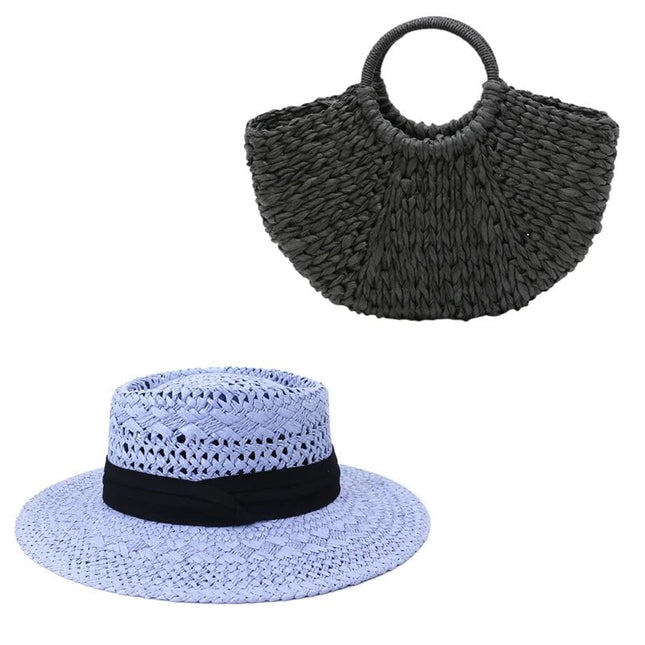 Ensemble de Chapeau et Sac en Paille - Noir/bleu - M (56 - 58cm) | La boutique du chapeau