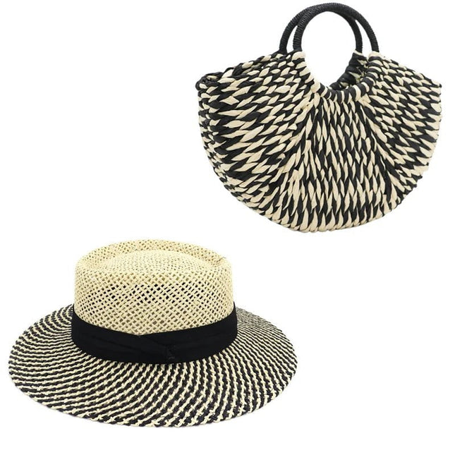 Ensemble de Chapeau et Sac en Paille - Noir/blanc - M (56 - 58cm) | La boutique du chapeau