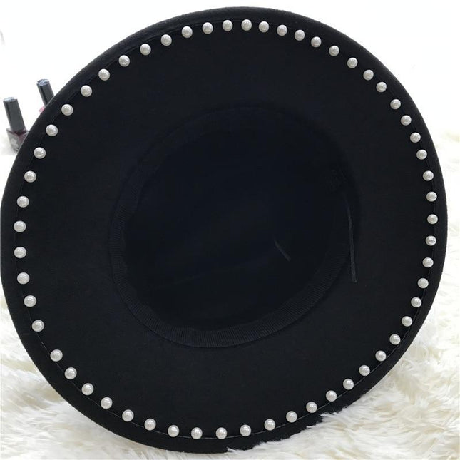 Fedora en laine avec ruban de perles - Bleu marine - M (56 - 58cm) | La boutique du chapeau