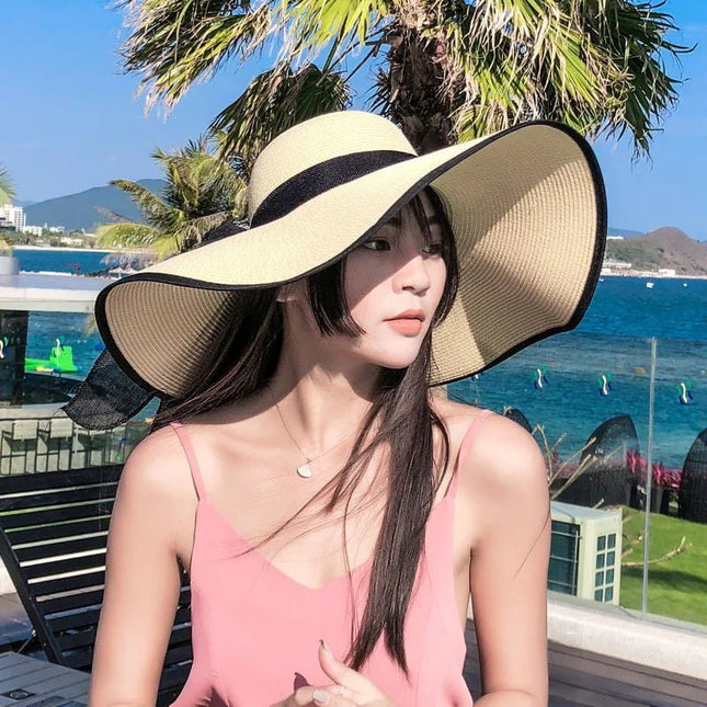 Grand chapeau de plage - Blanc/noir - M (56 - 58cm) | La boutique du chapeau