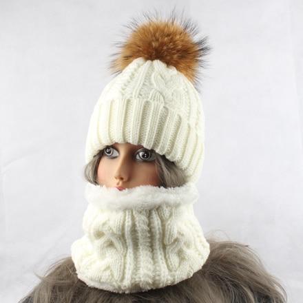 La boutique du chapeau chapeau d'hiver Blanc / 48-53cm chapeau avec écharpe polaire chaude à l'intérieur bonnet filles