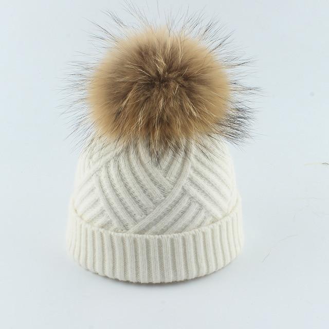 La boutique du chapeau chapeau d'hiver Blanc1 / 48-53cm Bonnet Pompon pompon en fourrure de raton chapeau doux chaud