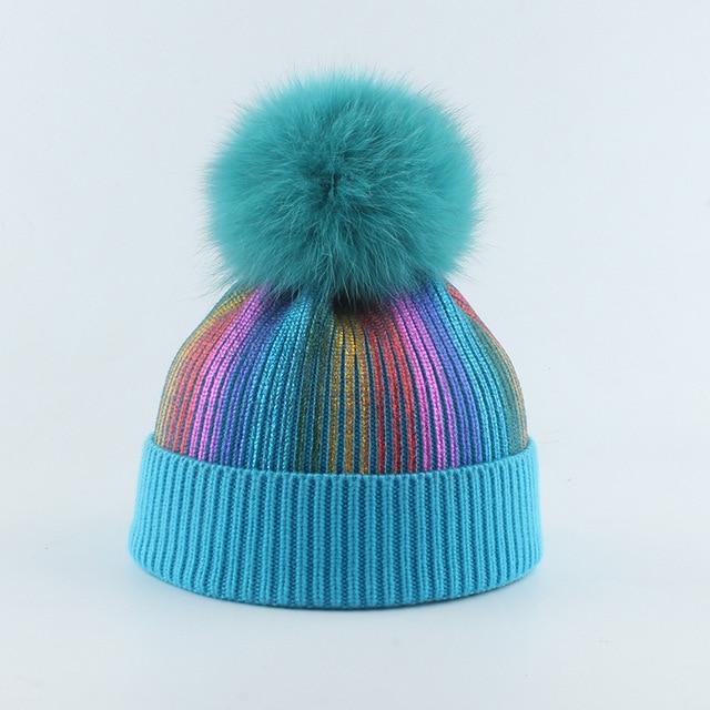 La boutique du chapeau chapeau d'hiver Bleu/Bleu / 48-53cm Bonnet tricoté avec pompon en fourrure enfants