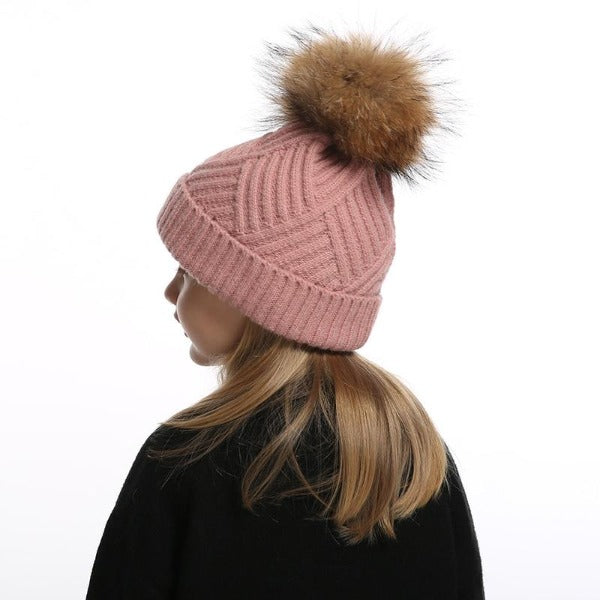 La boutique du chapeau chapeau d'hiver Bonnet Pompon pompon en fourrure de raton chapeau doux chaud