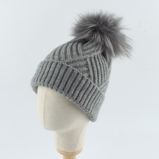 La boutique du chapeau chapeau d'hiver Gris / 48-53cm Bonnet Pompon pompon en fourrure de raton chapeau doux chaud