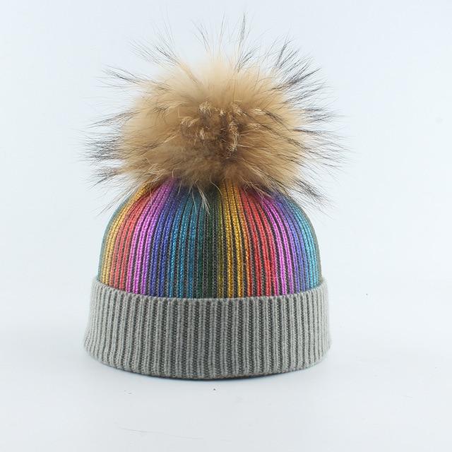 La boutique du chapeau chapeau d'hiver Gris / 48-53cm Bonnet tricoté avec pompon en fourrure enfants
