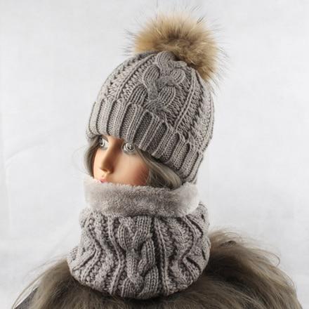 La boutique du chapeau chapeau d'hiver Gris / 48-53cm chapeau avec écharpe polaire chaude à l'intérieur bonnet filles