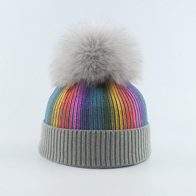 La boutique du chapeau chapeau d'hiver Gris/Gris / 48-53cm Bonnet tricoté avec pompon en fourrure enfants