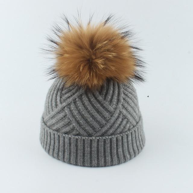 La boutique du chapeau chapeau d'hiver Gris1 / 48-53cm Bonnet Pompon pompon en fourrure de raton chapeau doux chaud