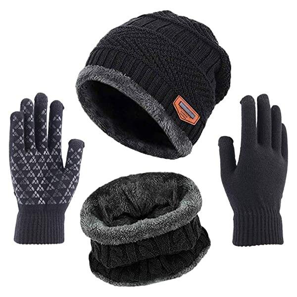 La boutique du chapeau chapeau d'hiver Noir 3 pièces Chapeau écharpe gants ensemble unisexe hiver