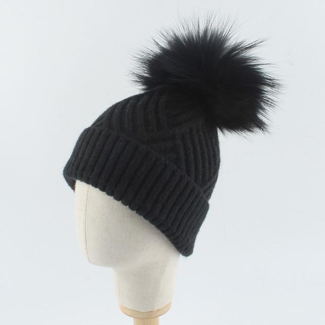 La boutique du chapeau chapeau d'hiver Noir / 48-53cm Bonnet Pompon pompon en fourrure de raton chapeau doux chaud
