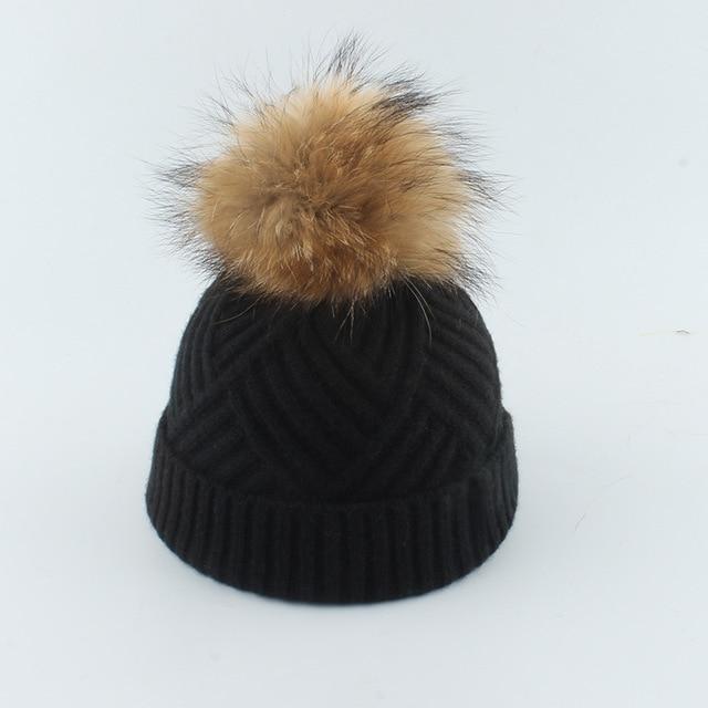 La boutique du chapeau chapeau d'hiver Noir1 / 48-53cm Bonnet Pompon pompon en fourrure de raton chapeau doux chaud