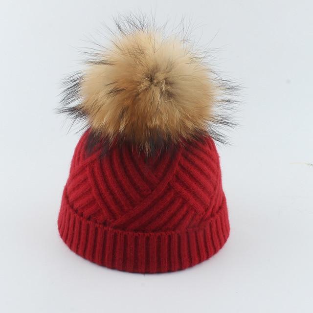 La boutique du chapeau chapeau d'hiver Rouge / 48-53cm Bonnet Pompon pompon en fourrure de raton chapeau doux chaud