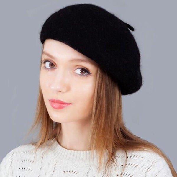 La boutique du chapeau Noir / 56cm to 58cm Béret en laine de couleur unie
