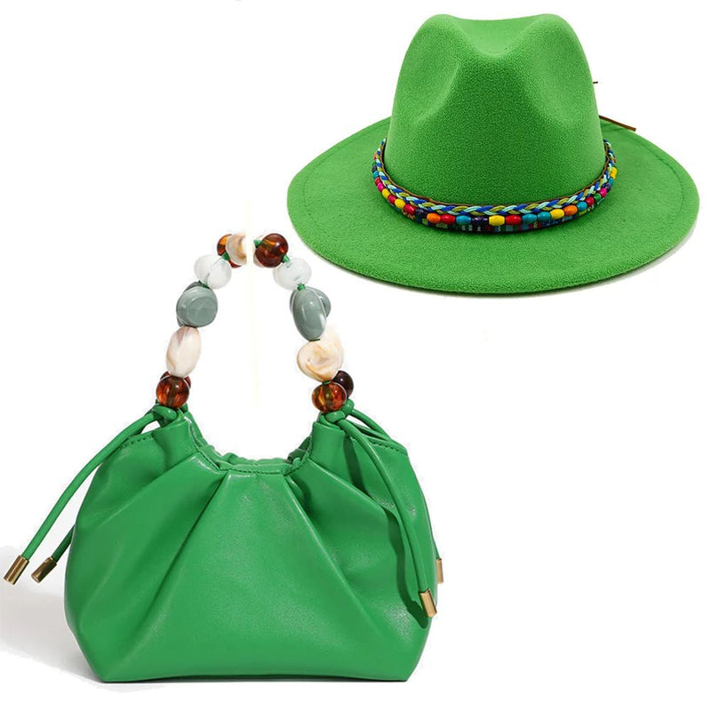La boutique du chapeau Vert / 55-58CM Chapeau Fedora et sac à main assorti
