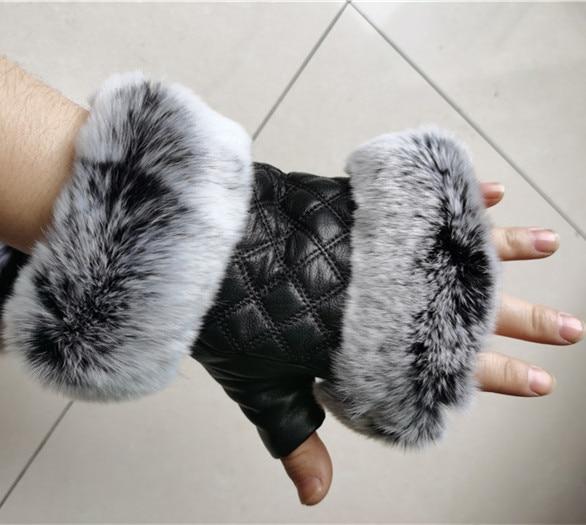 Multi-tendance Gants Gants en cuir véritable fourrure de lapin demi doigt Fashion