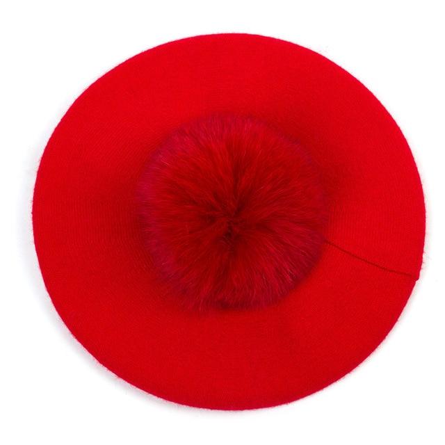 Paris-Chapeau béret Rouge B Béret couleur unie pompon en fourrure