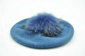 Paris-Chapeau bonnet Bleu Béret de Laine avec pompon en Véritable Fourrure