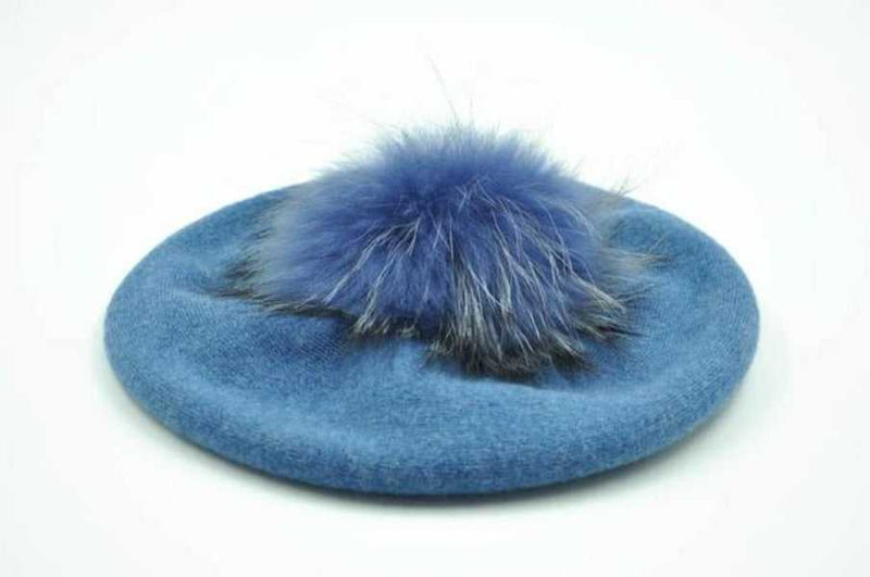 Paris-Chapeau bonnet Bleu Béret de Laine avec pompon en Véritable Fourrure