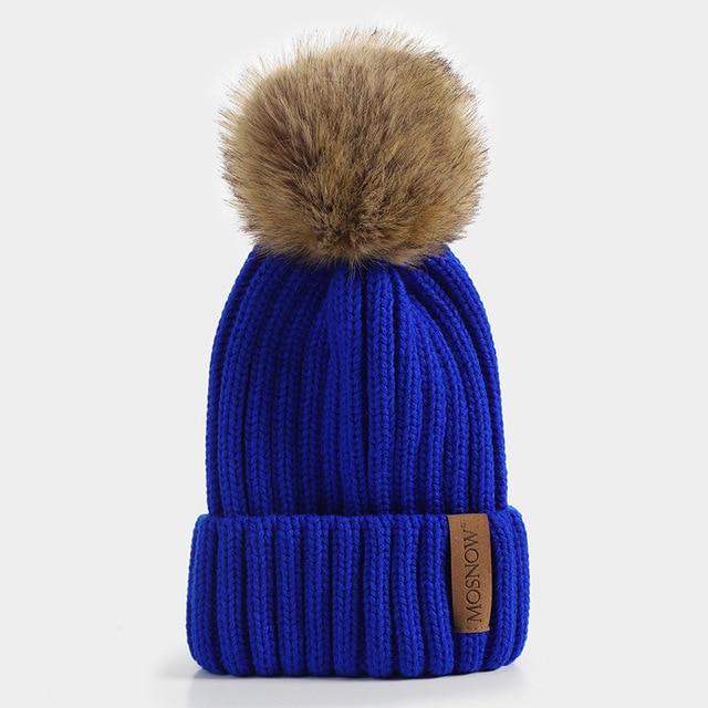 Paris-Chapeau bonnet Bleu Bonnet et pompon en véritable Fourrure De Raton Laveur