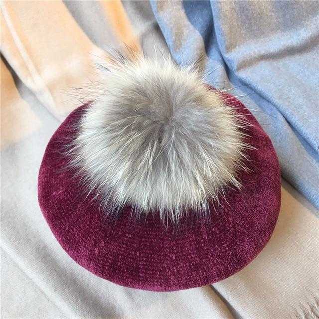 Paris-Chapeau bonnet Bordeaux Béret en laine et fourrure